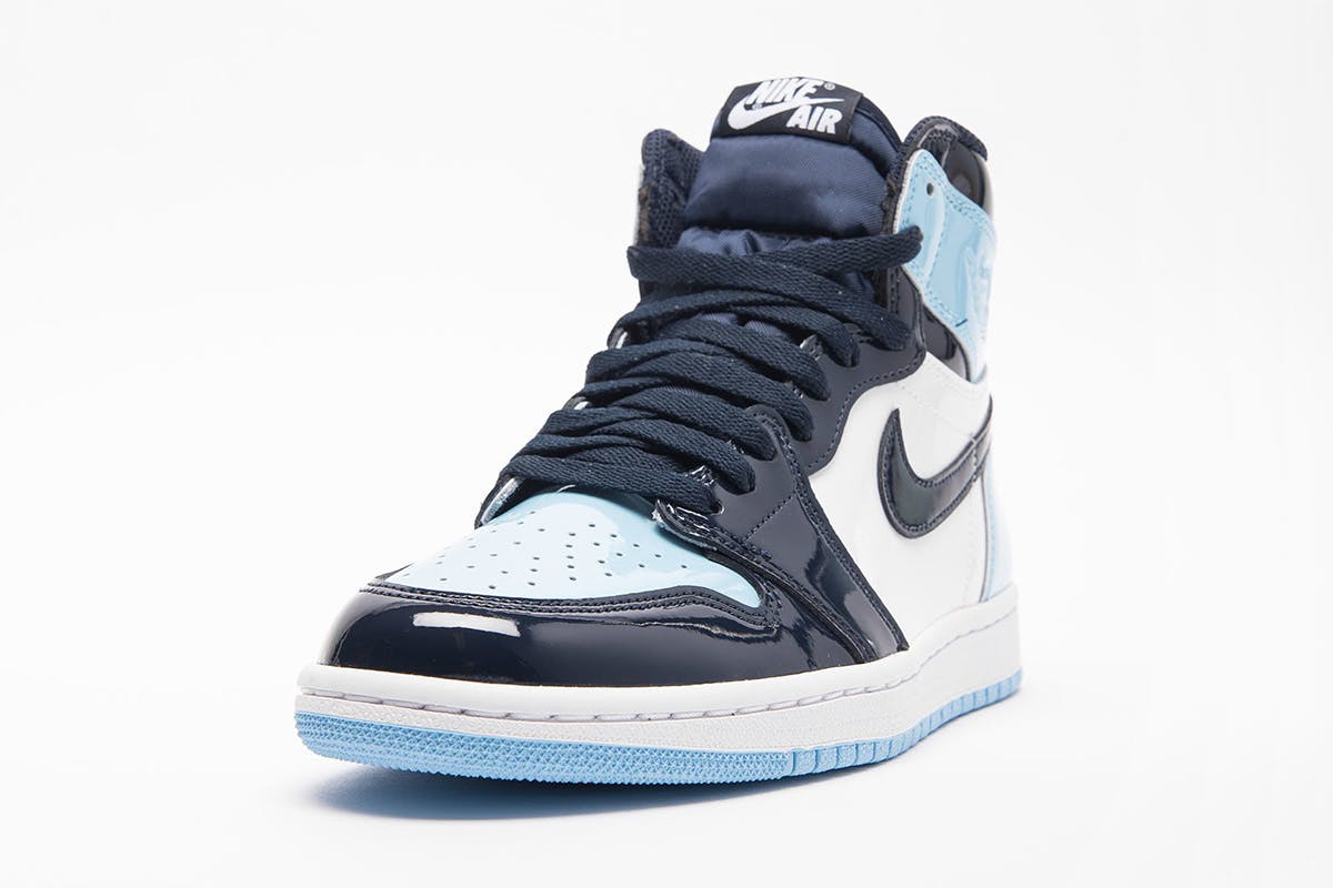 blue and white patent leather jordan 1